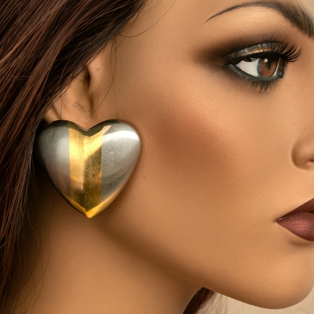 Gold, Silver Dual-Tone Stud Earrings Modern Stripe Design, 1"x1” Fashion Jewelry